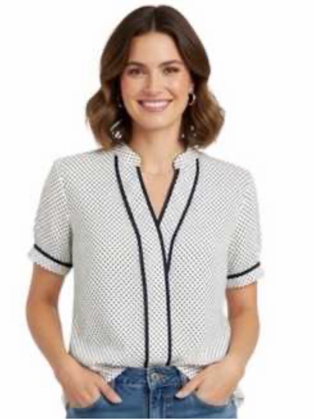 Monteau White Polka Dot Short Sleeve‎ Blouse with Black Trim